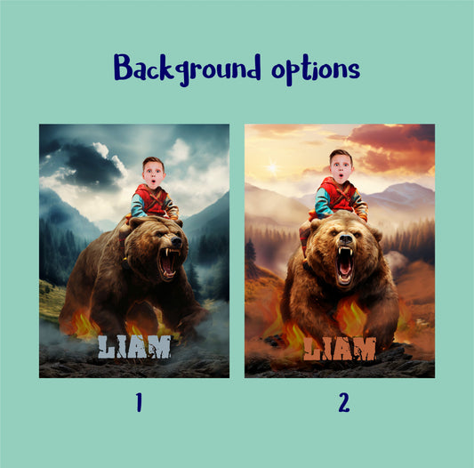 Custom Photo Poster Child Riding Bear, Gift for Animal Lover - Custamazegifts.com