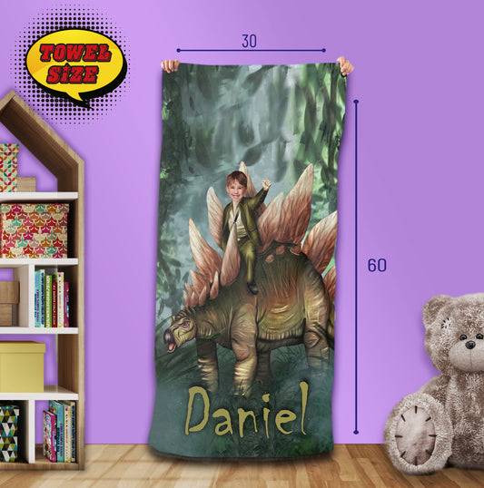 Custom Child Riding Jurassic Dinosaur Beach Towel - Custamazegifts.com