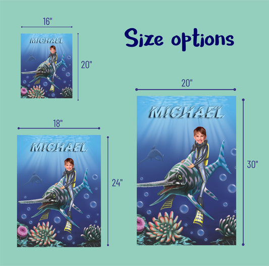 Print Poster Boy Fish Wall Art, Personalized Water Dino Photoshop Portrait - Custamazegifts.com