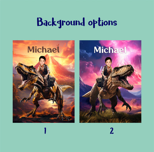 Custom Photo Poster Child Riding Dinosaur, T-Rex Jurassic Dinosaur Art - Custamazegifts.com