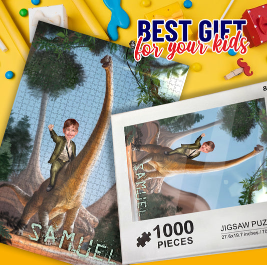 Boy Riding a Dinosaur Photo Puzzles - Custamazegifts.com