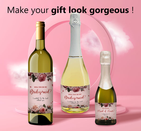 Pink Rose Bridesmaid Proposal Bottle Labels Set of 10 for Champagne Wine - Custamazegifts.com
