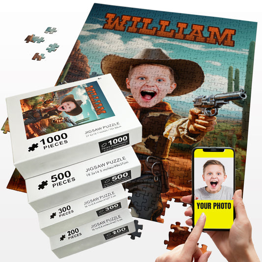 Custom Puzzle Western Boys Photo Name Gifts, Cowboy Photo Gift - Custamazegifts.com