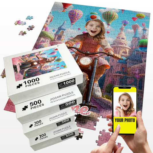 Girl Riding a Bike Fairytale Jigsaw Puzzles, Custom Photo Gift for Her - Custamazegifts.com