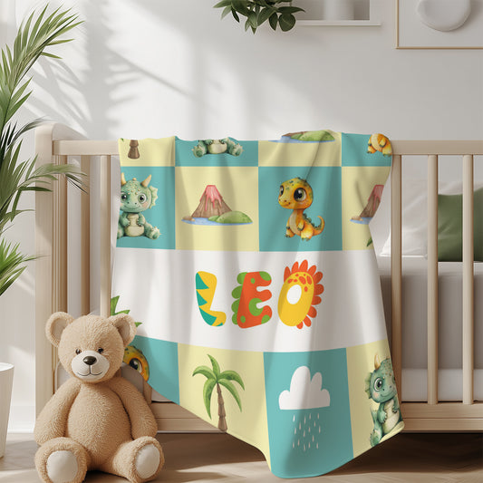 Kids Custom Baby Blanket Dinosaur Gifts, First Birthday Gifts with Dino Print