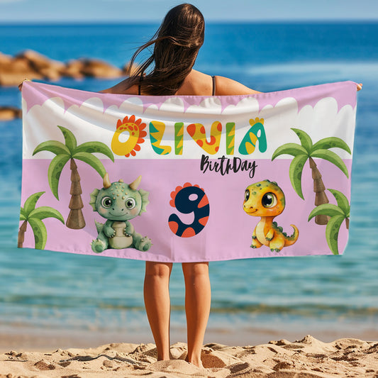 Dino Pattern Custom Beach Towel for Toddlers Kids, Pool Bath Towel Personalized Name