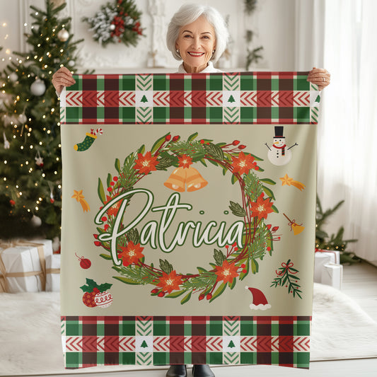 Christmas Wreath Personalized Name Blanket, Grandpa Grandma Christmas Gift XM6