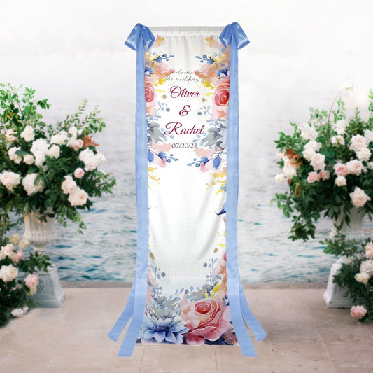 Personalized Fabric Backdrop Welcome Sign with Silk Ribbons - Custamazegifts.com