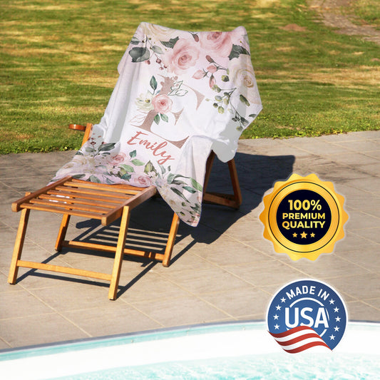 Monogrammed Beach Towel with Roses, Floral Print Custom Name Towel for Her T64 - Custamazegifts.com