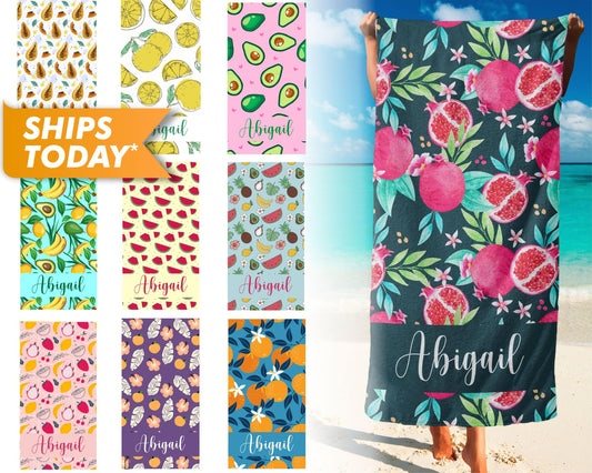 Personalized Beach Towel with Your Name, Custom Fruit Print Monogrammed Towels - Custamazegifts.com