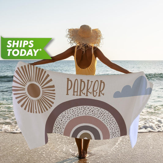 Boho Rainbow Personalized Name Beach Towel for Kids, Custom Girls Gifts T44 - Custamazegifts.com