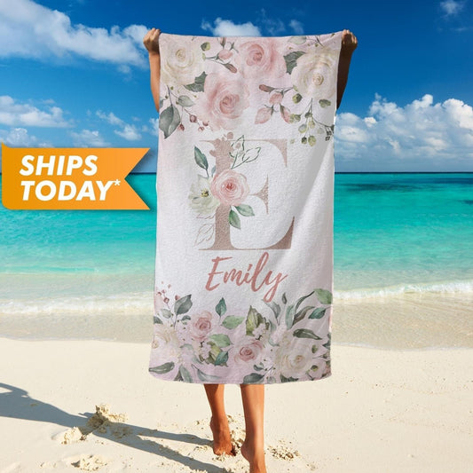 Monogrammed Beach Towel with Roses, Floral Print Custom Name Towel for Her T64 - Custamazegifts.com
