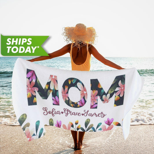 Floral Print Custom Beach Towel for Mom, Personalized Mother's Day Gift T55 - Custamazegifts.com