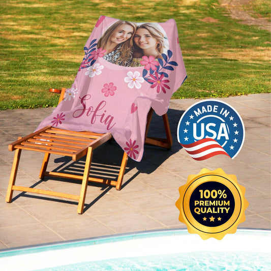 Mom Custom Photo Towel, Floral Beach Towel, Mother's Day Photo Gift T59 - Custamazegifts.com