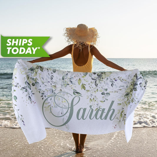 Custom Towel with Your Name, Bride Personalized Beach Towel Floral Prints - Custamazegifts.com