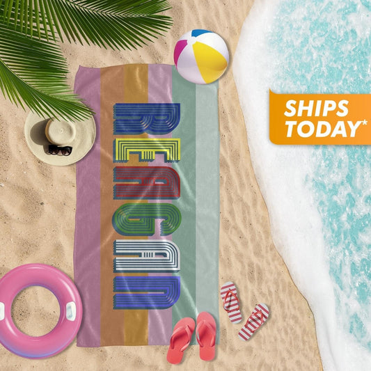 Bold Font Striped Rainbow Personalized Beach Towel with Name, Custom Birthday Gift T52 - Custamazegifts.com
