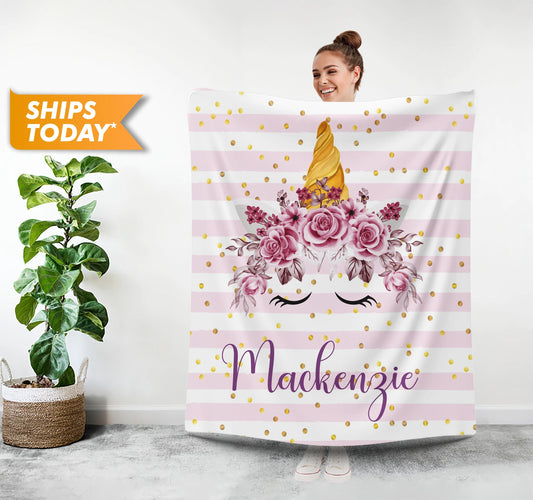 Personalized Blanket with Floral Print, Unicorn Name Blanket - Custamazegifts.com