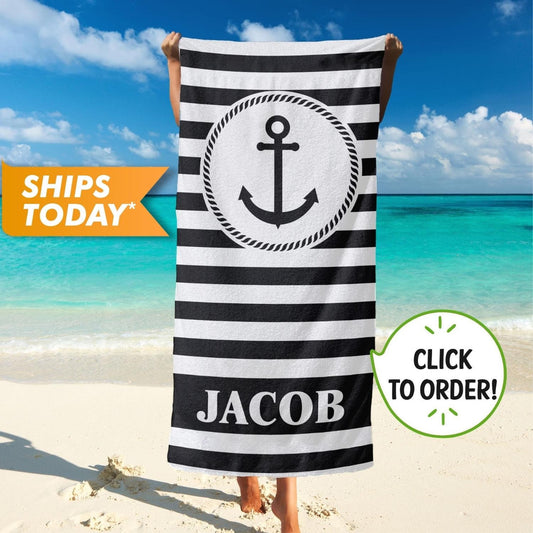 Striped Personalized Name Beach Towel with Anchor, Custom Birthday Gift for Him Her T67 - Custamazegifts.com