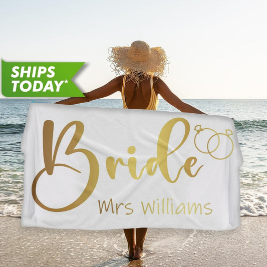 Bride and Groom Personalized Beach Towels, Newlywed Wedding Honeymoon Gift T72 - Custamazegifts.com