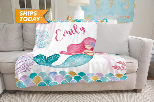 Custom Baby Blanket with Name, Mermaid Print Customized Blanket - Custamazegifts.com