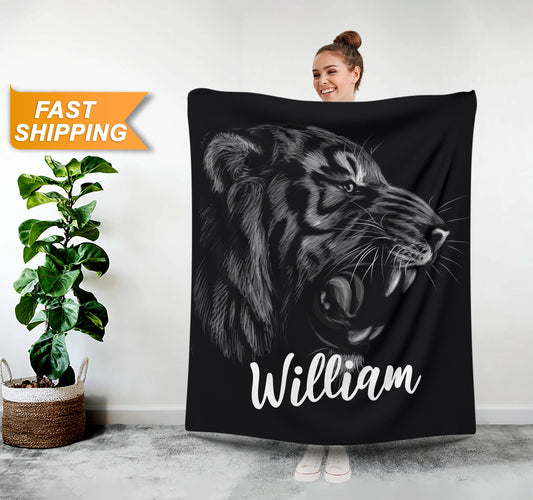 Tiger Custom Blanket for Men, Black Personalized Blanket with Animal Print - Custamazegifts.com