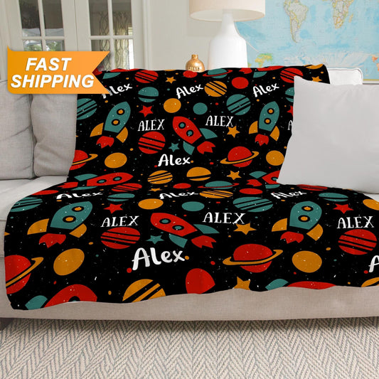 Personalized Space Monogrammed Blanket, Custom Blanket for Boys Girls - Custamazegifts.com