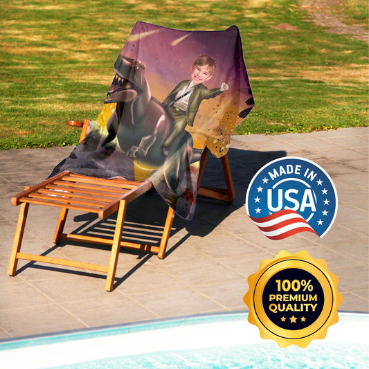 T Rex Kids Custom Photo Beach Towel, Dinosaur Fan Gifts for Boys T78 - Custamazegifts.com