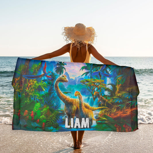 Kids Jurassic Beach Towel, Custom Dinosaur Name Beach Towels for Boys T82 - Custamazegifts.com