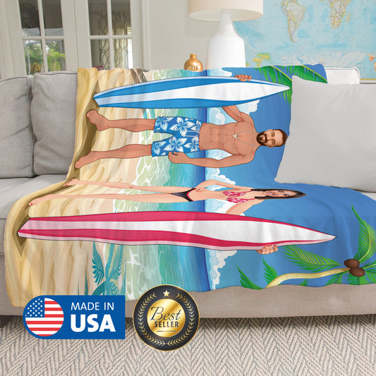 Surfer Face Blanket for Couples, Personalized Photo Blankets - Custamazegifts.com