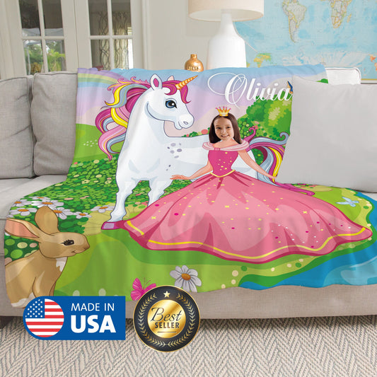 Princess and a Unicorn Personalized Girls Photo Blanket - Custamazegifts.com