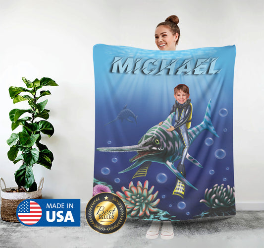 Water Dinosaur Personalized Face Blanket for Boys Customized Gift - Custamazegifts.com