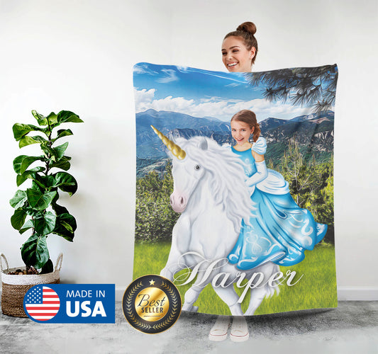 Princess Riding a Unicorn Custom Blanket, Girls Photo Birthday Gift - Custamazegifts.com