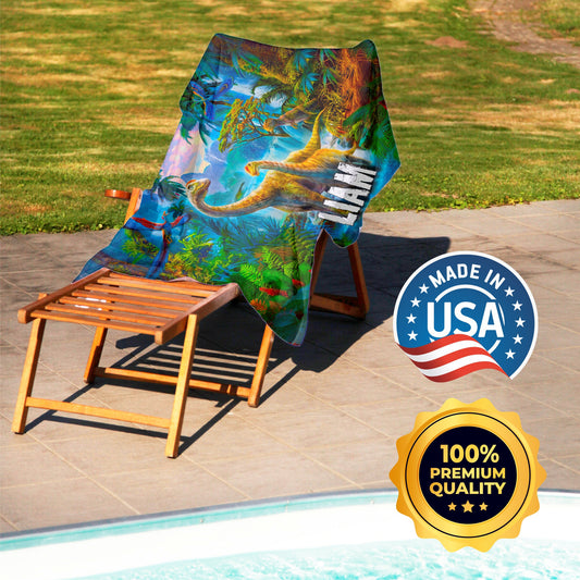 Kids Jurassic Beach Towel, Custom Dinosaur Name Beach Towels for Boys T82 - Custamazegifts.com