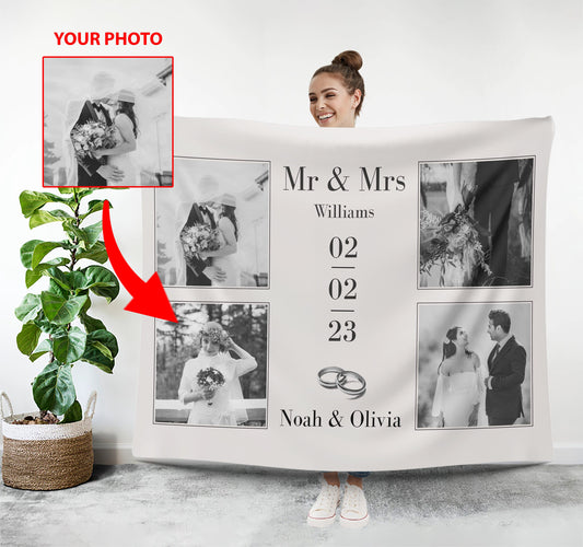 Mr and Mrs Photo Blanket, Custom Wedding Blanket for Him Her - Custamazegifts.com