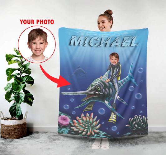 Water Dinosaur Personalized Face Blanket for Boys Customized Gift - Custamazegifts.com