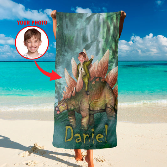 Stegosaurus Beach Towel from Photo, Custom Dinosaur Gifts for Kids T87 - Custamazegifts.com