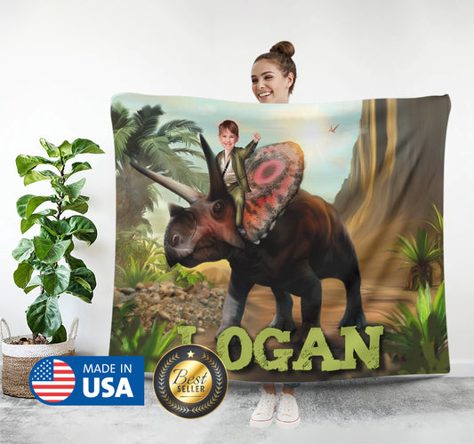 Dinosaur Rider Blanket for Kids, Personalized Dino Gift - Custamazegifts.com