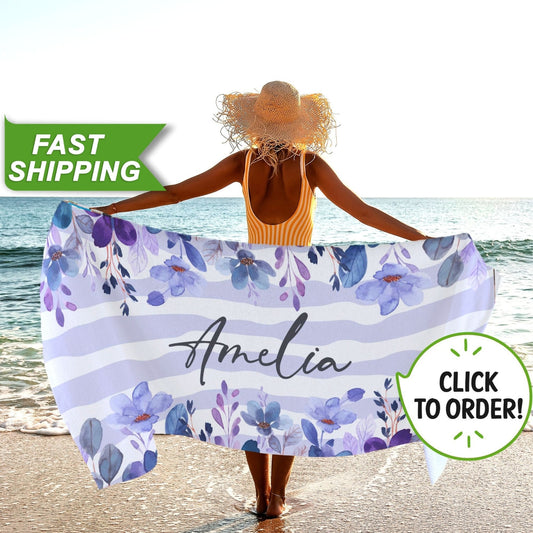 Floral Beach Towel with Name, Custom Gifts for Her, Bachelorette Party Favors T54 - Custamazegifts.com
