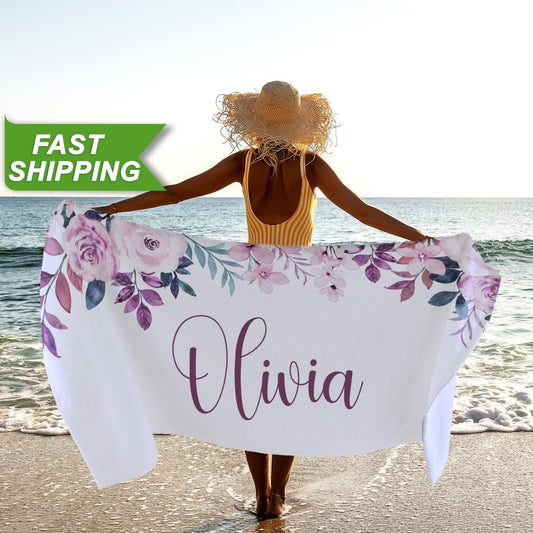 Custom Beach Towel, Personalized Beach Towel Floral Print Bachelorette Gift - Custamazegifts.com