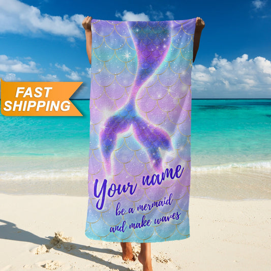 Custom Beach Towel Mermaid Tail, Personalized Beach Towel with Your Name - Custamazegifts.com
