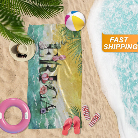 Personalized Beach Towel, Custom Beach Towel with Ocean Print, Floral Print, Sea Shells - Custamazegifts.com