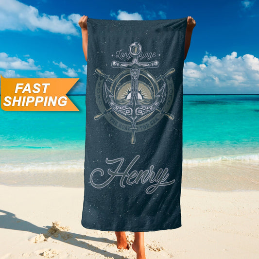 Anchor Beach Towel with Custom Name, Ocean Themed Dark Personalized Towels for Men T97 - Custamazegifts.com