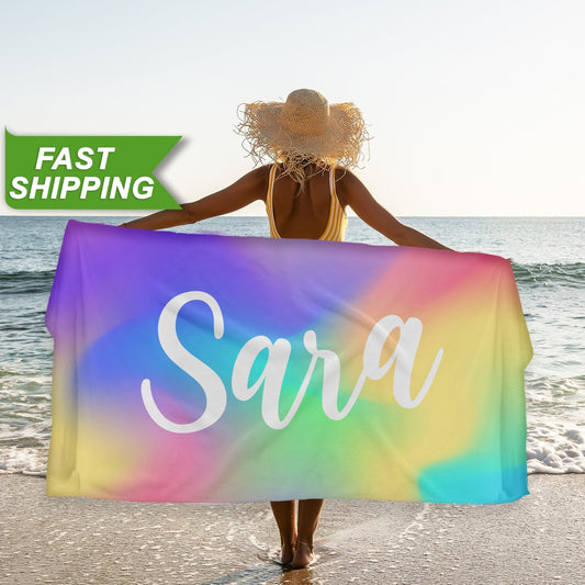 Rainbow Personalized Beach Towel with Name, Beach Trip Pool Party Gifts T69 - Custamazegifts.com