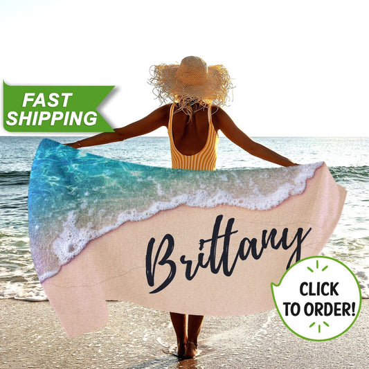 Name on Sandy Beach Custom Towel, Ocean Print Personalized Towel for Her T74 - Custamazegifts.com