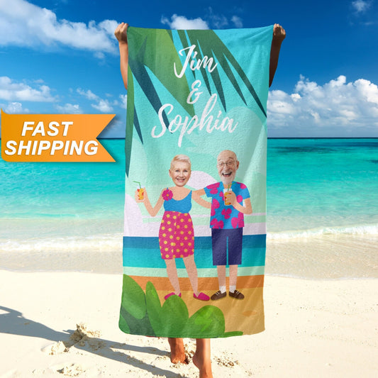 Vacation Photo Beach Towel, Custom Face Hawaii Vacation Gift for Grandparents T109 - Custamazegifts.com