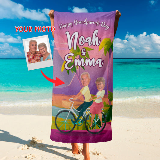 Custom Face Beach Towel for Couples, Grandparents Riding Bike Fun Retirement Gift T105 - Custamazegifts.com