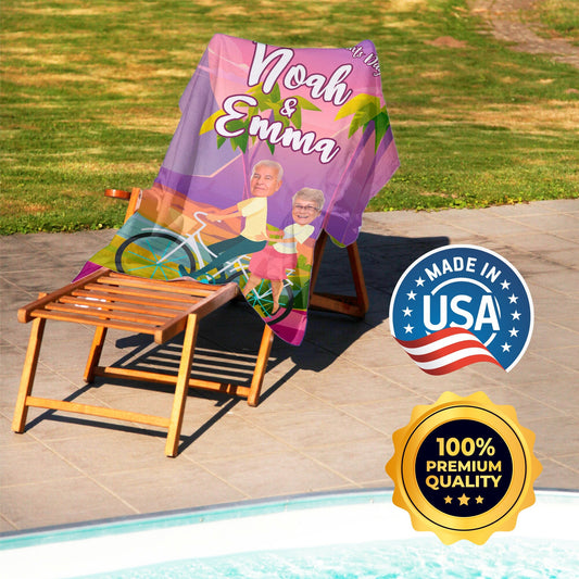 Custom Face Beach Towel for Couples, Grandparents Riding Bike Fun Retirement Gift T105 - Custamazegifts.com