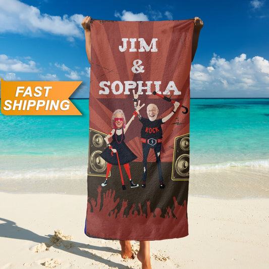 Rock n Roll Custom Photo Towel for Grandparents, Retirement Photo Gift T106 - Custamazegifts.com