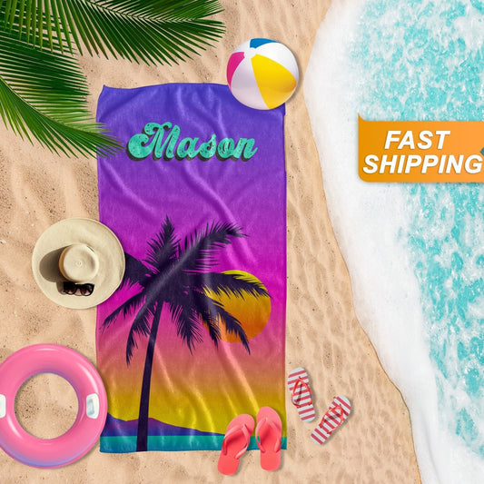 Tropical Print Custom Beach Towel with Palm Trees, Add Your Name Custom Gift T113 - Custamazegifts.com