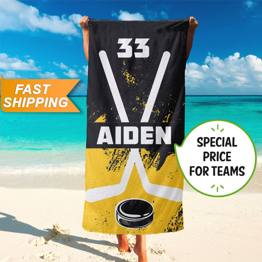 Custom Beach Towel with Your Name, Personalized Hockey Monogrammed Towels - Custamazegifts.com